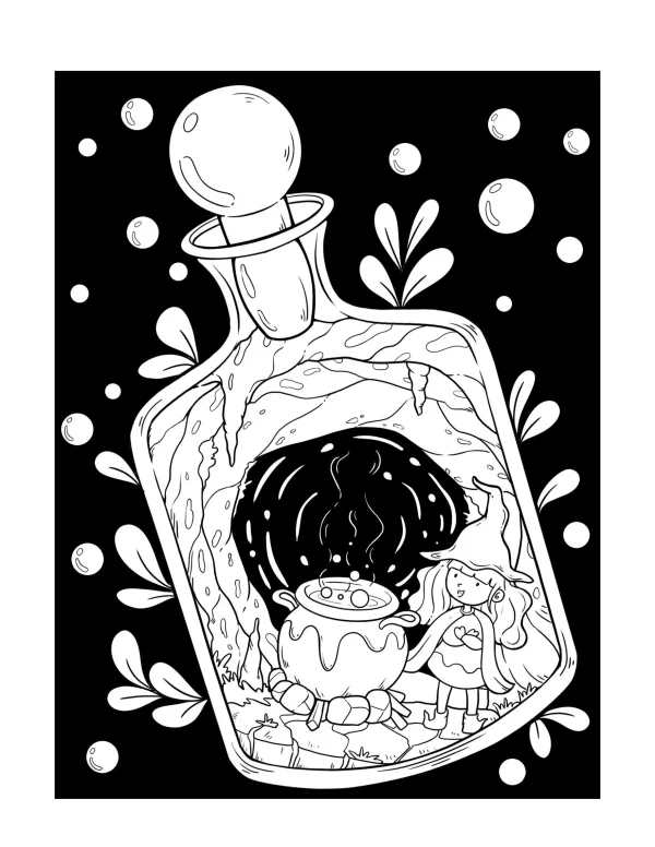 Cute witch with cauldron inside a potion bottle, cartoon fairy tale style — free printable magic coloring book page