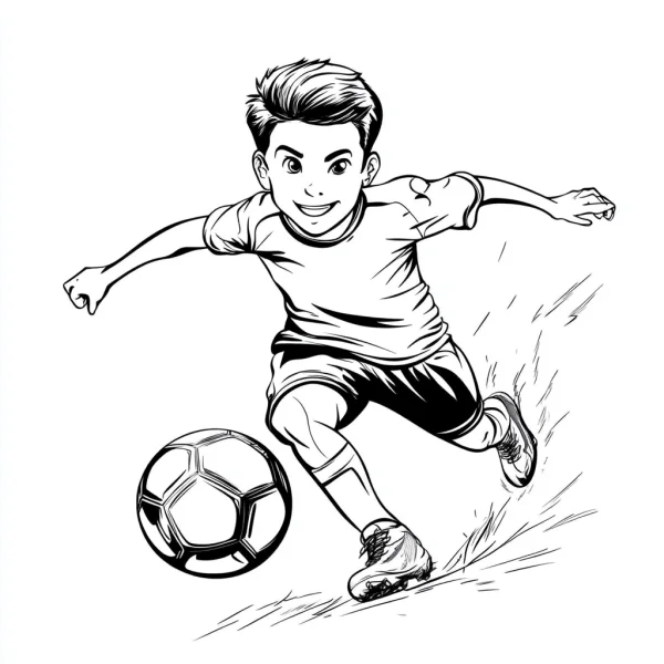 Boy playing soccer, cartoon style — free printable children's life coloring book page