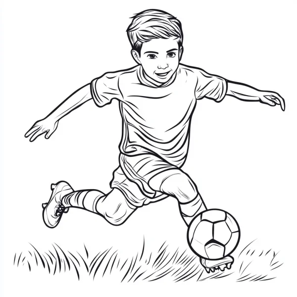 Boy playing soccer, cartoon style — free printable children coloring book page