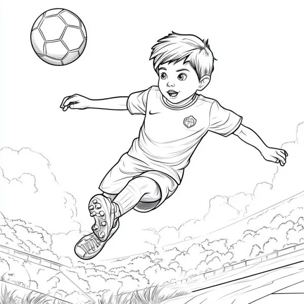 Boy playing soccer, cartoon style — free printable children coloring book page