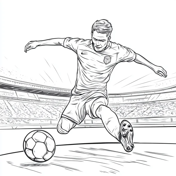 Male soccer player kicking a football, realistic illustration style — free printable sports coloring book page