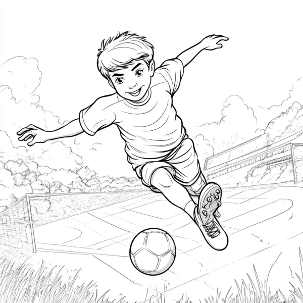 Boy playing football, cartoon style — free printable sports coloring book page