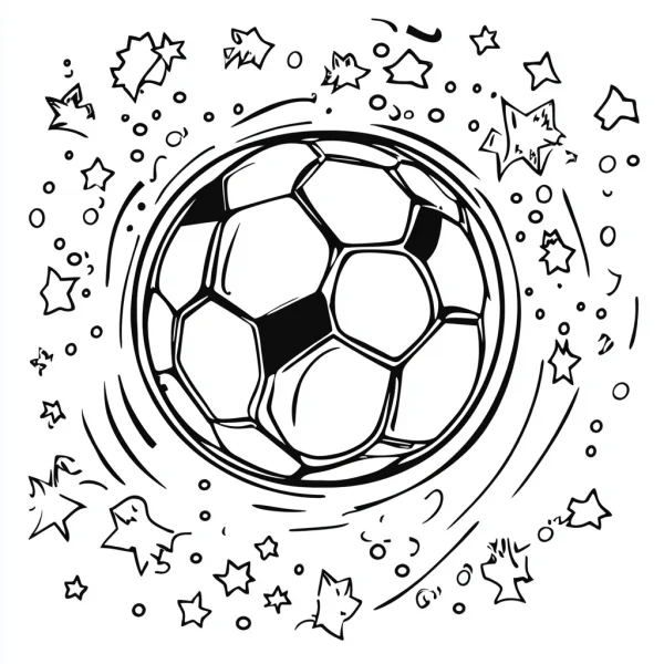 Dynamic soccer ball, cartoon line art style — free printable sports coloring book page