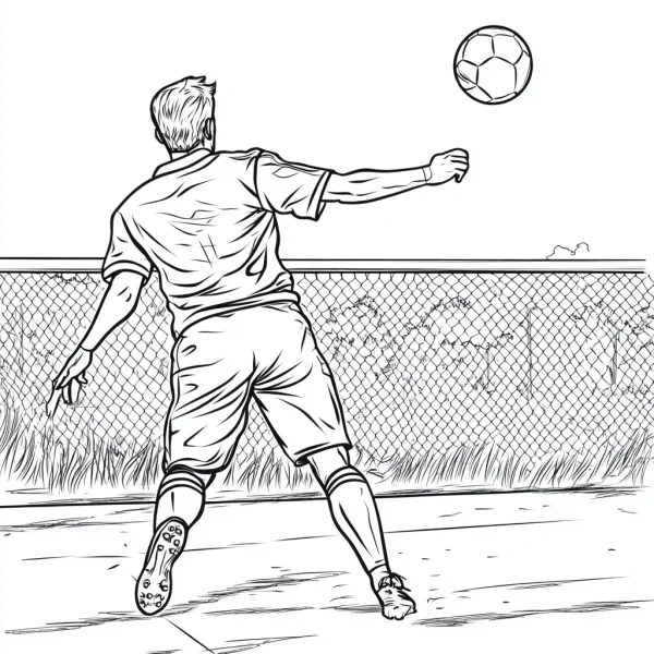 A man playing soccer from behind, sketch realistic style — free printable sports coloring book page