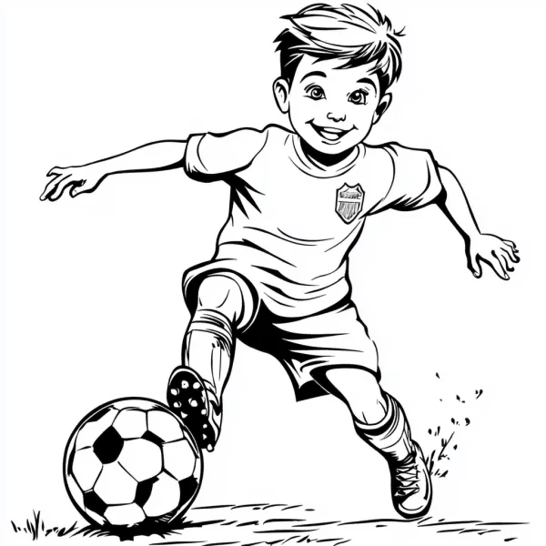 Boy playing soccer, cartoon style — free printable sports coloring book page