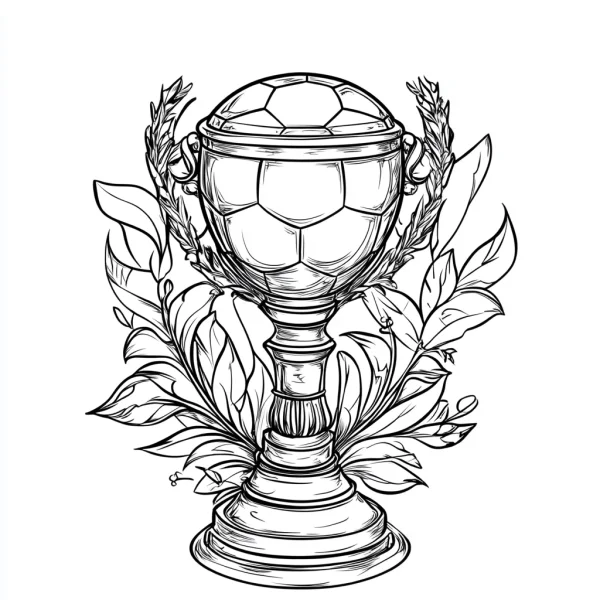 Soccer-shaped trophy surrounded by leaves and wheat ears, realistic style — free printable sports coloring book page