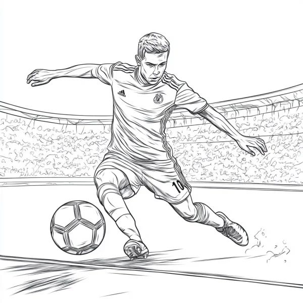 Soccer player dribbling a football, realistic sketch style — free printable sports coloring book page