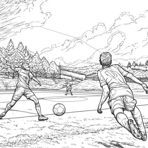 Teenage soccer players playing football on the field, realistic line art style — free printable sports coloring book page