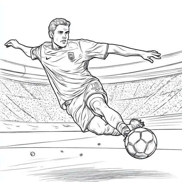 Male soccer player kicking football, realistic sketch style — free printable sports coloring book page