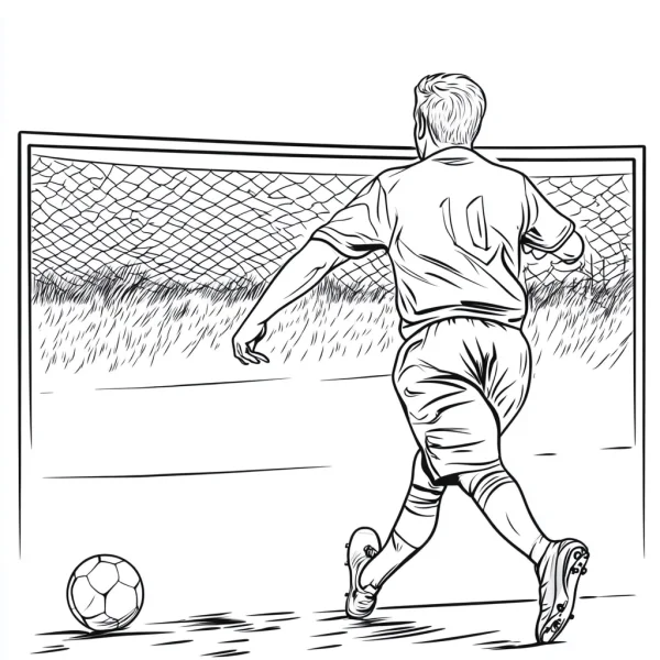 Soccer player about to shoot the ball, sketch style — free printable sports coloring book page