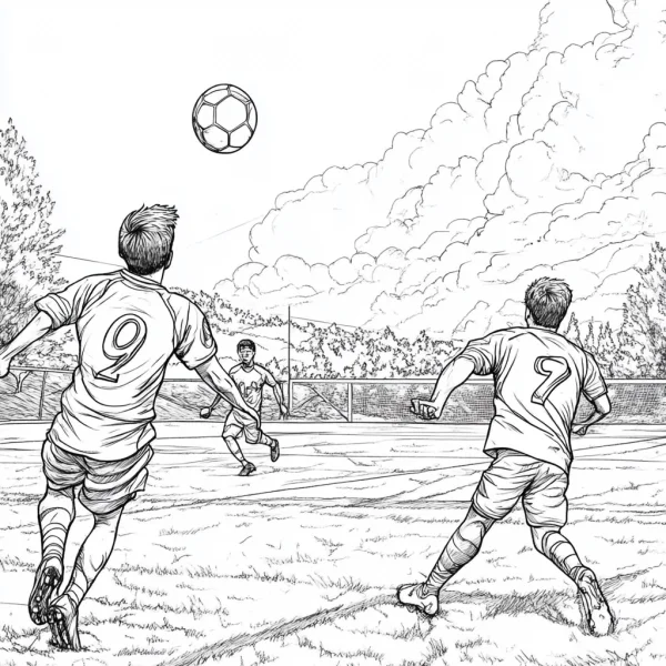 Football players competing on soccer field, realistic style — free printable sports coloring book page