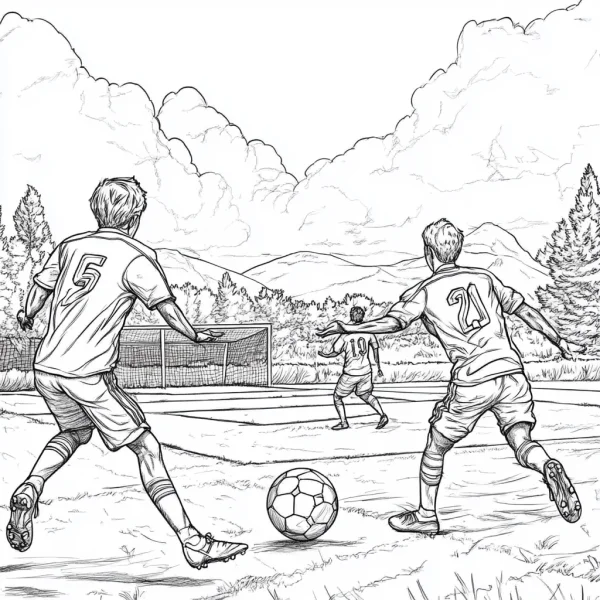 Boys playing soccer on a field, realistic sketch style — free printable sports coloring book page