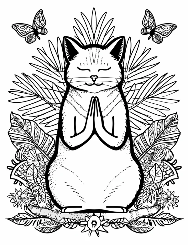 Meditating cat with paws in prayer position, cartoon zentangle style — free printable meditation coloring book page