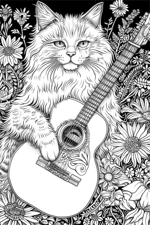 Fluffy long-haired cat playing acoustic guitar, surrounded by daisies and various floral plants — free printable music coloring book page