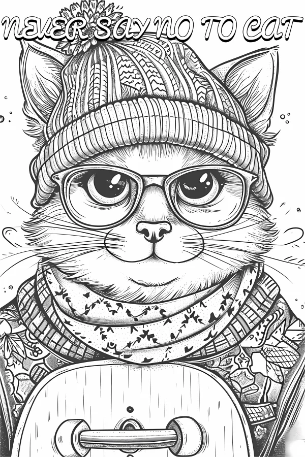 Trendy cat wearing knit hat, glasses — free printable sports coloring book page