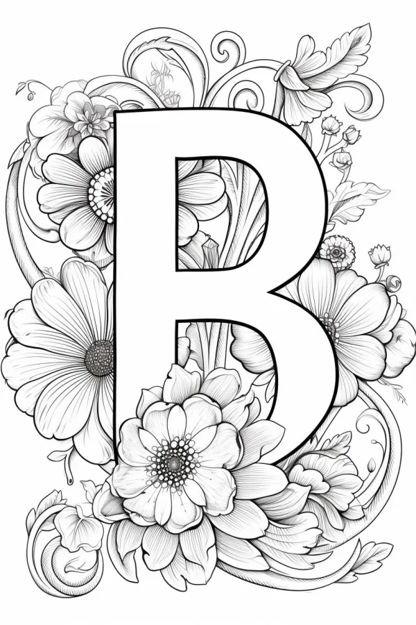 Letter b surrounded by daisies and decorative vines, ornamental art style — free printable letter art coloring book page
