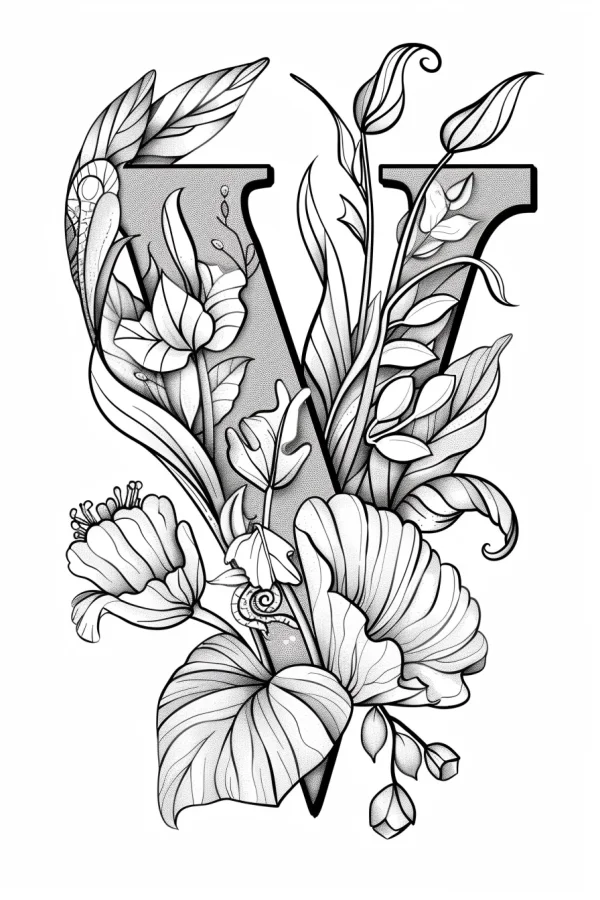 Floral decorated letter v, art nouveau style — free printable letter art coloring book page
