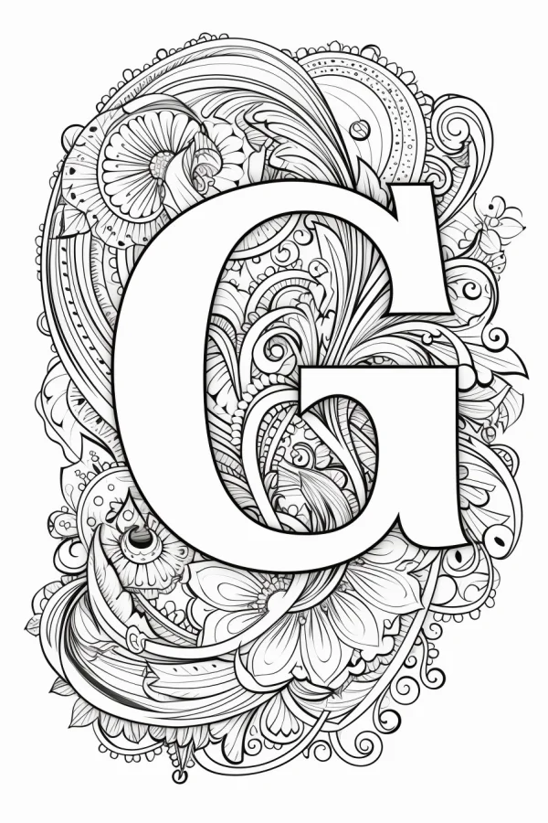 Decorative letter g surrounded by intricate floral and vine patterns, art nouveau style — free printable decorative art coloring book page