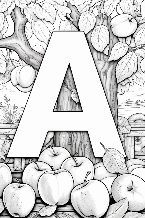 Coloring book page, large capital letter a surrounded by apples — free printable learning coloring book page