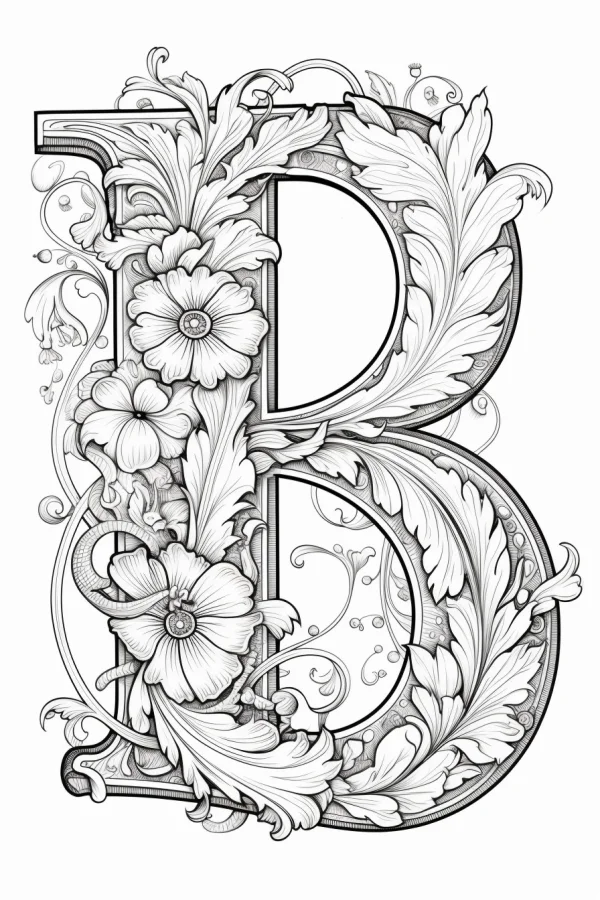 Decorative floral letter b, art nouveau decorative style — free printable decorative art coloring book page