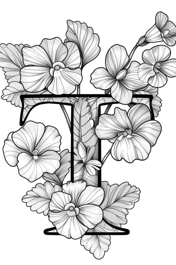 Decorative letter f surrounded by delicate flowers, ornamental art style — free printable letter art coloring book page