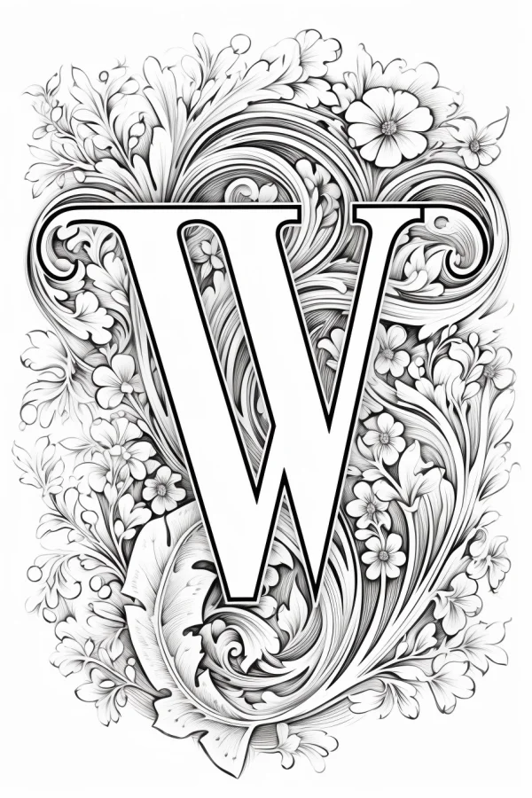 Decorative letter w surrounded by floral vines and scroll patterns, art nouveau style — free printable decorative art coloring book page