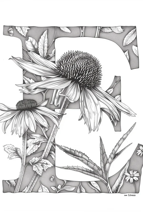 Letter e integrated with coneflowers and various leaves, realistic botanical line art style — free printable letter art coloring book page