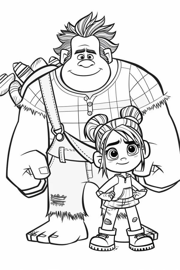 Cartoon muscular man and girl with double buns from wreck-it ralph, cartoon style — free printable cartoon coloring book page