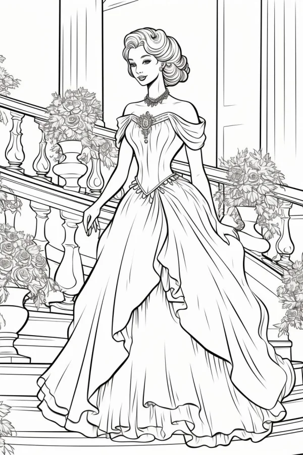 Elegant princess in a grand ball gown, cartoon style — free printable fashion coloring book page