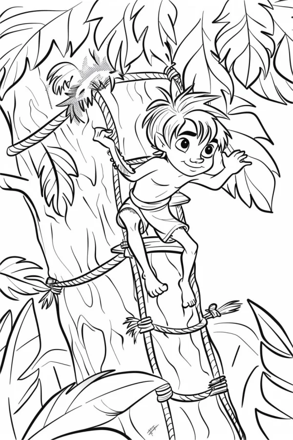 Jungle boy climbing rope ladder on tree trunk, cartoon style — free printable adventure coloring book page