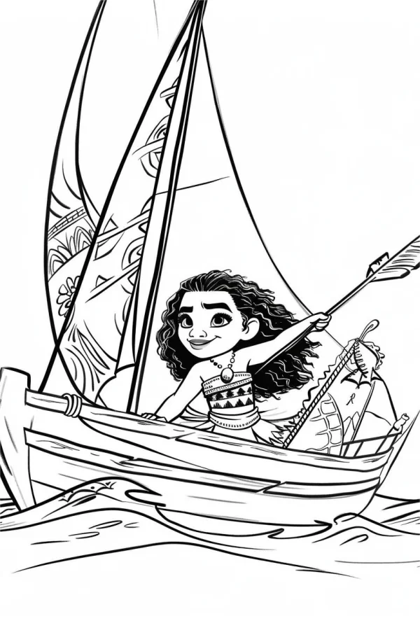 Navigational girl moana on a sailboat, cartoon style — free printable adventure coloring book page