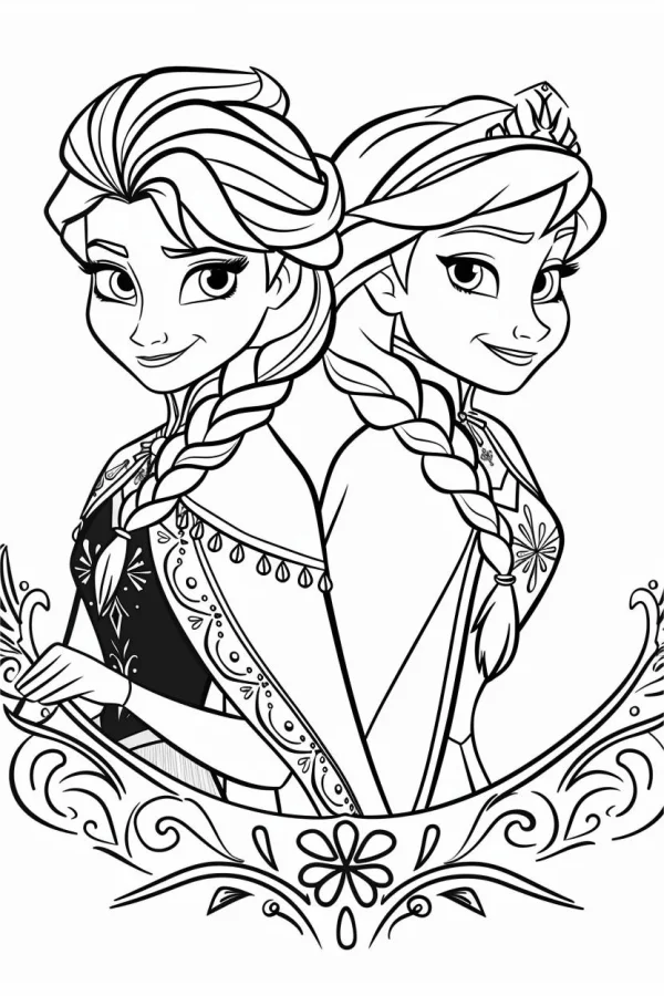 Elsa and anna from frozen, cartoon anime style — free printable friendship coloring book page