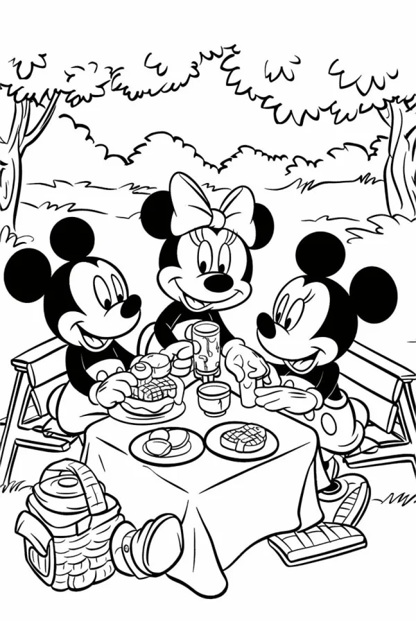Mickey mouse, minnie mouse and another mickey mouse having a picnic at outdoor park — free printable cartoon coloring book page