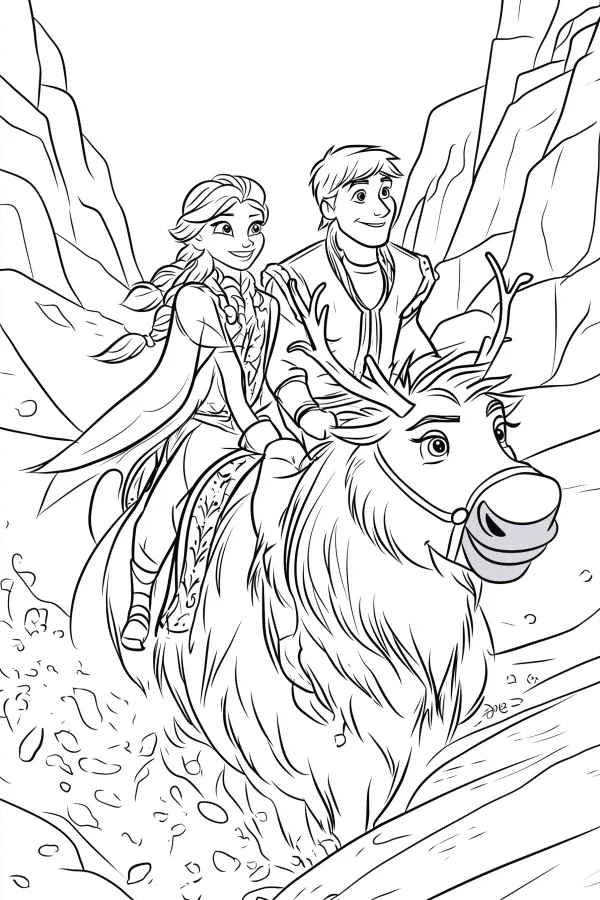 Anna and kristoff riding sven the reindeer from frozen, cartoon anime style — free printable adventure coloring book page