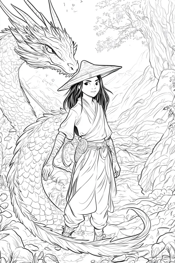 Coloring book page, ancient chinese youth with a chinese dragon — free printable mythology coloring book page