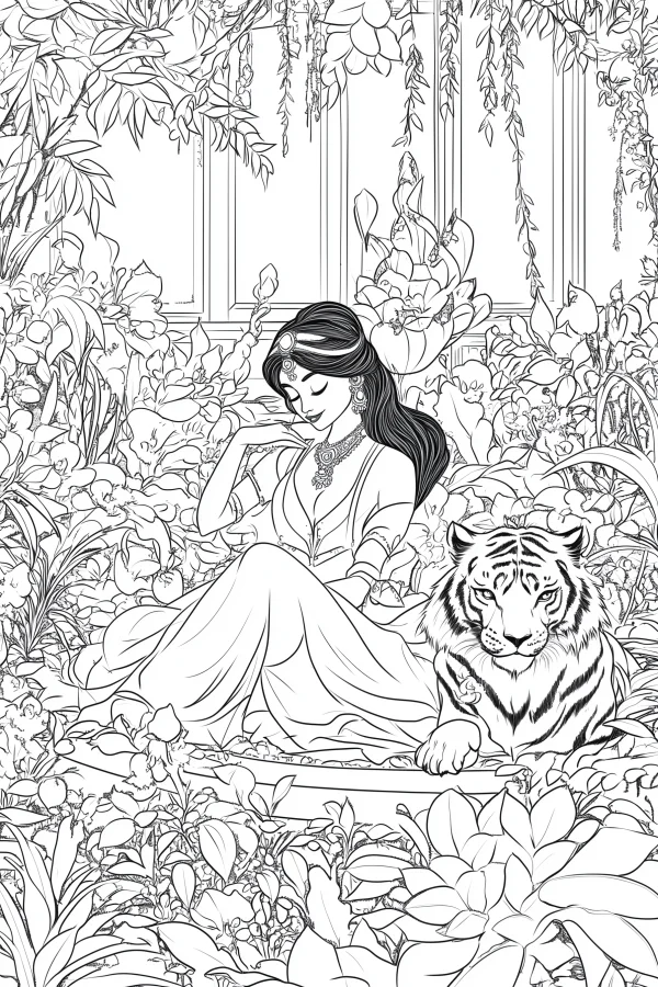 Exotic girl with white tiger, fairy tale style — free printable middle east coloring book page