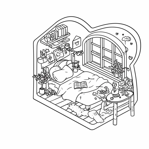 Isometric cozy bedroom scene, cartoon style — free printable home living coloring book page