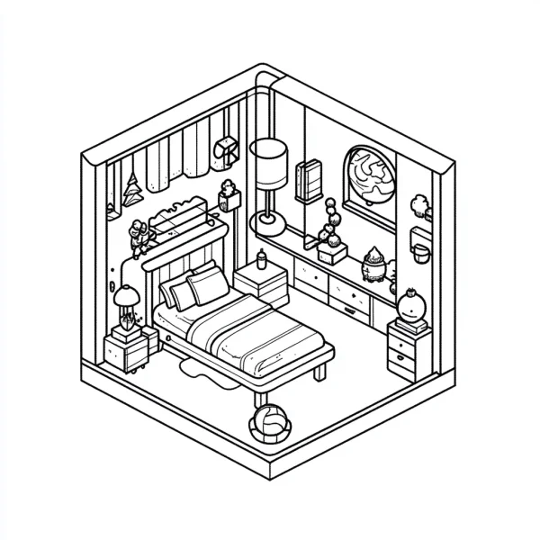 Isometric cartoon bedroom interior scene, fine smooth outlines — free printable home coloring book page
