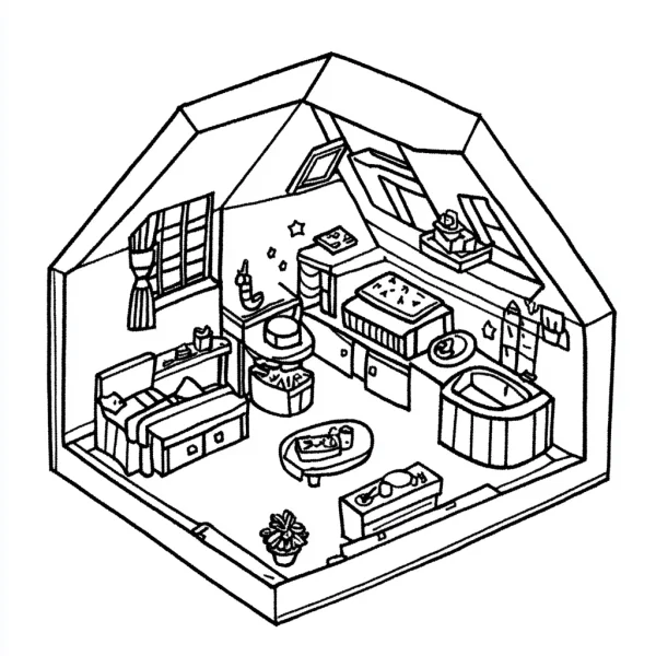 Isometric cozy cottage interior with home furniture like bed, bathtub — free printable home coloring book page