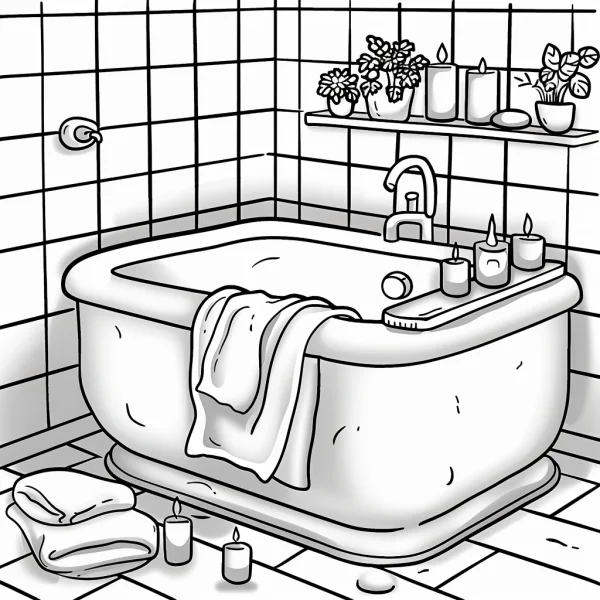 Warm bathroom bathtub scene, cartoon style — free printable home life coloring book page