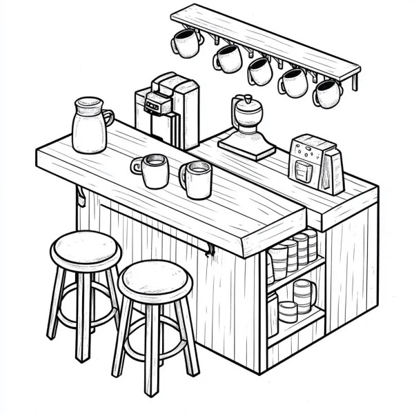 Isometric kitchen coffee bar scene, cartoon and realistic style — free printable home coloring book page