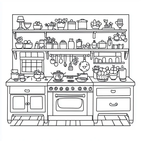 Cozy kitchen interior scene, cartoon style — free printable cooking coloring book page
