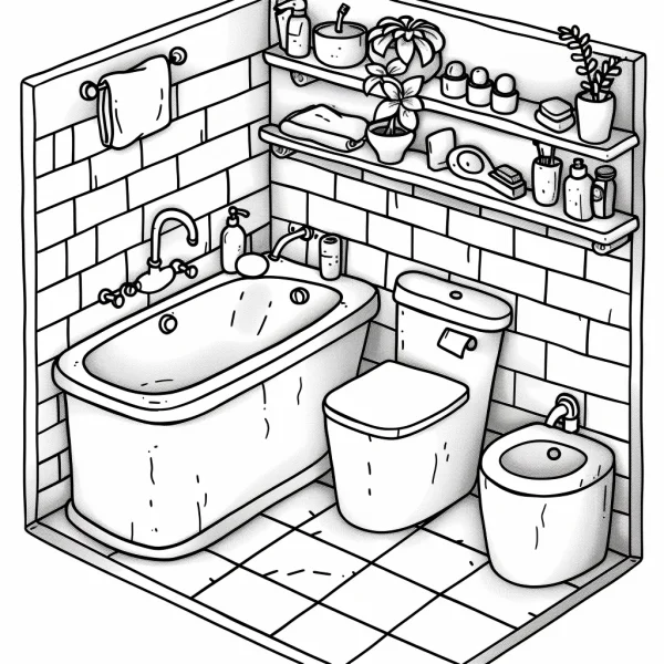 Coloring book page, isometric bathroom scene with bathtub — free printable home coloring book page