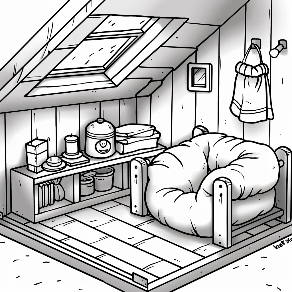 Cozy pet house interior with plush pet bed and shelf of pet supplies, cartoon style — cartoon style — moderate detail — line art coloring page — for kids and adults of all ages