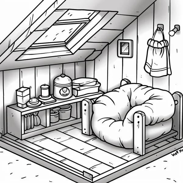 Cozy pet house interior with plush pet bed and shelf of pet supplies, cartoon style — free printable home coloring book page