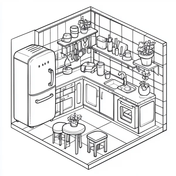 Coloring book page, isometric retro kitchen interior scene — free printable cooking coloring book page