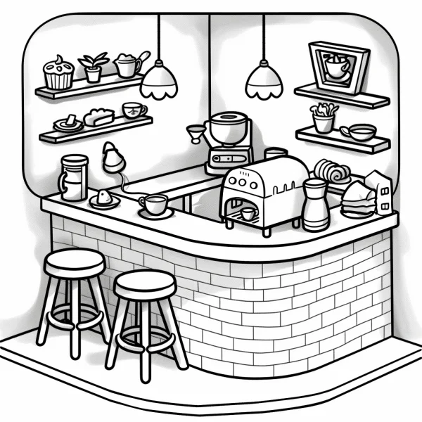 Cafe bar counter interior scene, cartoon style — free printable cafe coloring book page