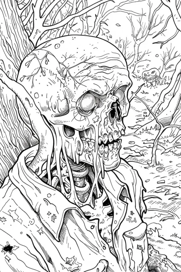 Zombie skull in tattered shirt, gothic horror style — free printable day of the dead coloring book page