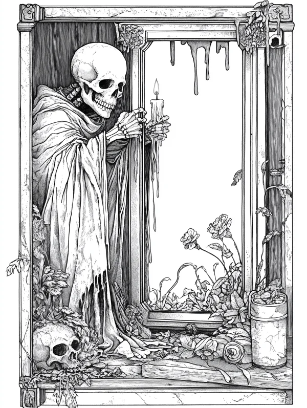 Hooded skeleton holding a candle, gothic style — free printable day of the dead coloring book page