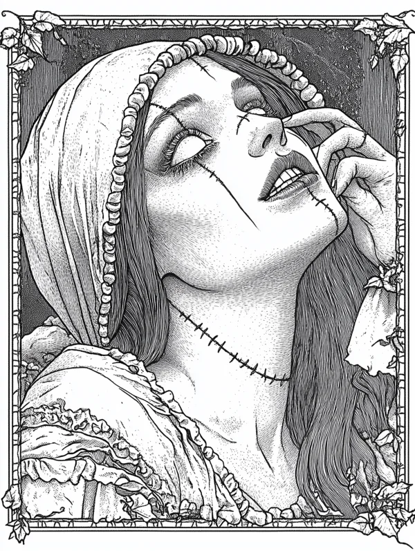 Stitched-face gothic woman, gothic style — free printable gothic coloring book page